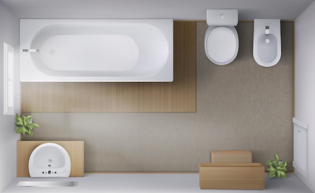 Vettore gratuito bagno interno camera vista dall'alto con vasca da bagno vuota wc e bidet ciotole lavabo in ceramica con specchio tappeto per finestra sul pavimento moderno lavabo