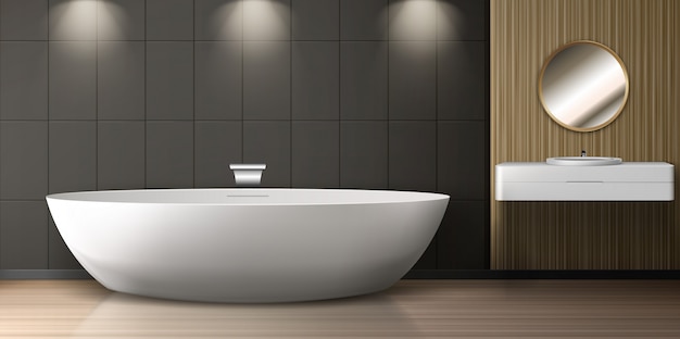 Free vector bathroom interior with bath, sink and round mirror