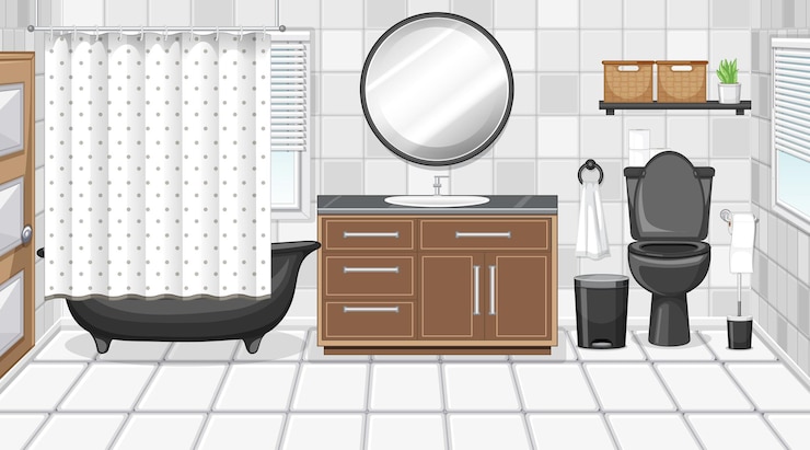 Free Vector bathroom interior with furniture in black and white theme