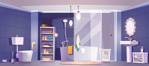 無料ベクター トイレの鏡とシンクのベクトル漫画の背景を持つバスルームのインテリアホテルのアパートの壁にタイルが付いたモダンなバスルームのイラスト歯ブラシタオルと家の洗面所内の清潔な浴槽