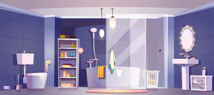 Free Vector bathroom interior with toilet mirror and sink vector cartoon background modern bath room illustration with tile on wall in hotel apartment toothbrush towel and clean tub inside home lavatory