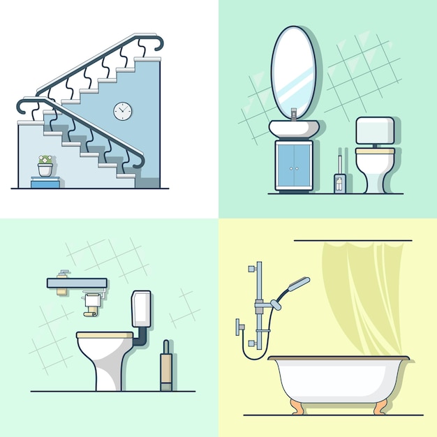 Bathroom toilet ladder interior indoor element furniture set. Linear stroke outline    icons.