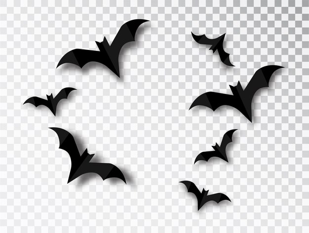 투명 한 배경에 고립 된 박쥐 실루엣입니다. 할로윈 전통적인 디자인 요소입니다. 벡터 뱀파이어 박쥐 세트 절연입니다.