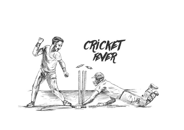 Batsman run out Cricket Championship in the Stadium Hand Drawn Sketch Vector illustration