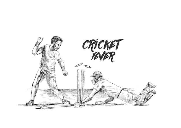 Игрок с битой выиграл чемпионат по крикету на векторной иллюстрации стадиона, нарисованной вручную