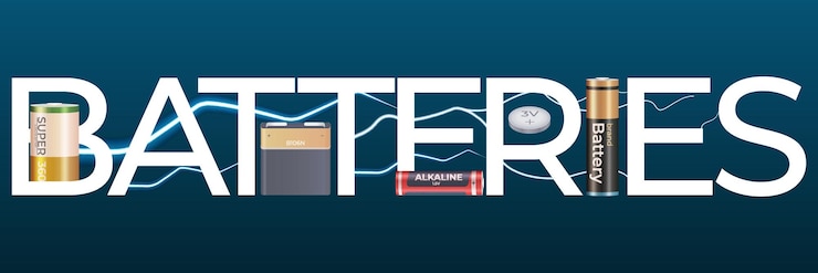 무료 Vector 플랫 텍스트 번개 볼트와 다양한 모양 벡터 삽화가 있는 배터리의 실제 아이콘이 있는 배터리 축전지 구성