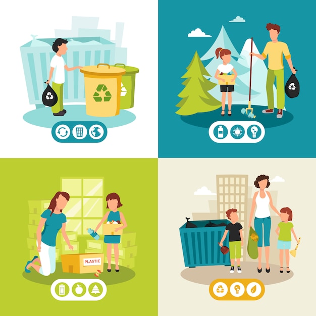 Free vector batteries plastic and domestic waste collection for recycling flat icons square