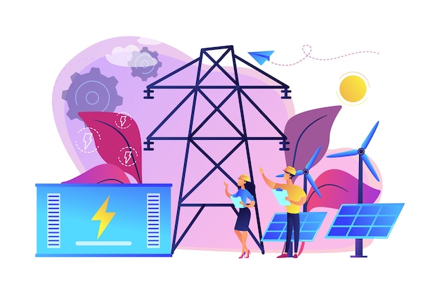 Battery energy storage from renewable solar and wind power station. energy storage, energy collection methods, electrical power grid concept.