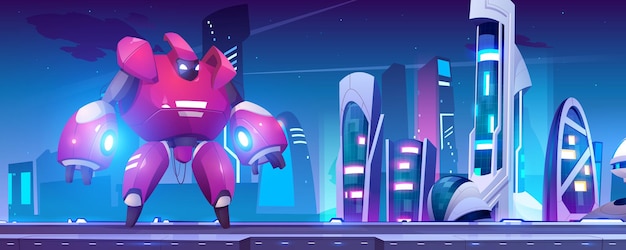 Battle robot transformer in futuristic night city
