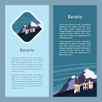 Bavaria, germany. beautiful landscapes, traditional architecture of bavaria. castles, villages, cities, mountains, fields. postcards, logos, emblems with space for text.