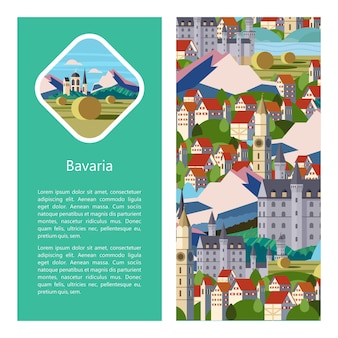 Бавария, германия. красивые пейзажи, традиционная архитектура баварии. замки, села, города, горы, поля. открытки, логотипы, эмблемы с пространством для текста.