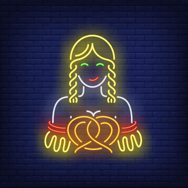 Free vector bavarian woman with pretzel neon sign