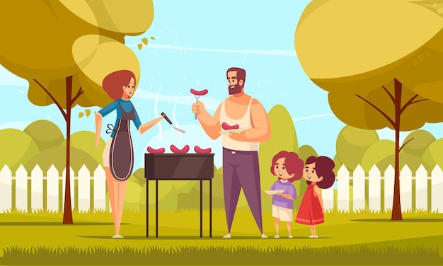 Composizione familiare barbecue barbecue con personaggi scarabocchiati di mamma papà e dei loro figli in un'illustrazione del cortile