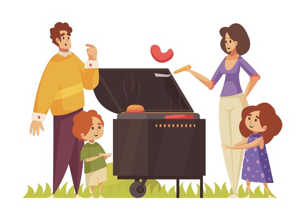 Композиция барбекю с персонажами родителей с детьми и гриль-барбекю с векторной иллюстрацией сосисок