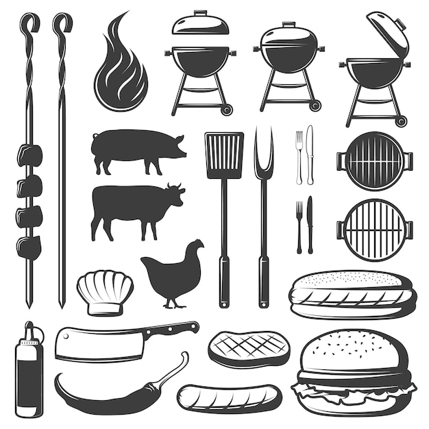 Vettore gratuito set di icone decorative barbecue