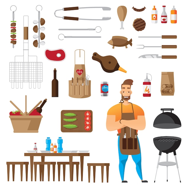 Bbq and grill accessories flat icons set isolated