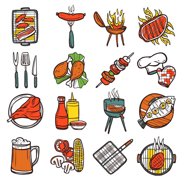 Bbq grill colored icons set