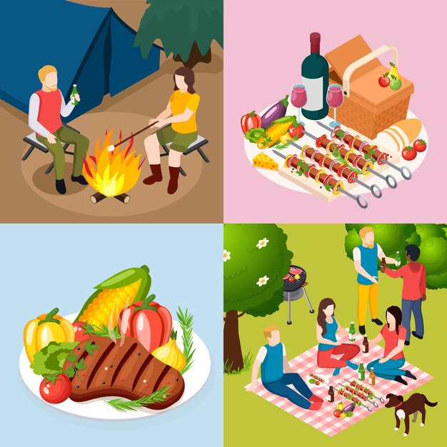 Bbq grill picnic isometic icon set with party in woods diner grill plate tent and campfire in the forest 