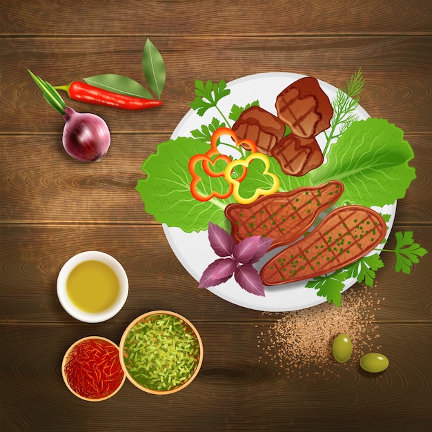 Le bistecche arrostite del bbq sono servito con i vari condimenti e salsa delle erbe sull'illustrazione realistica della tavola di legno