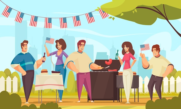 Vettore gratuito bbq giorno dell'indipendenza america composizione con paesaggio all'aperto e gruppo di amici che si divertono all'aperto illustrazione