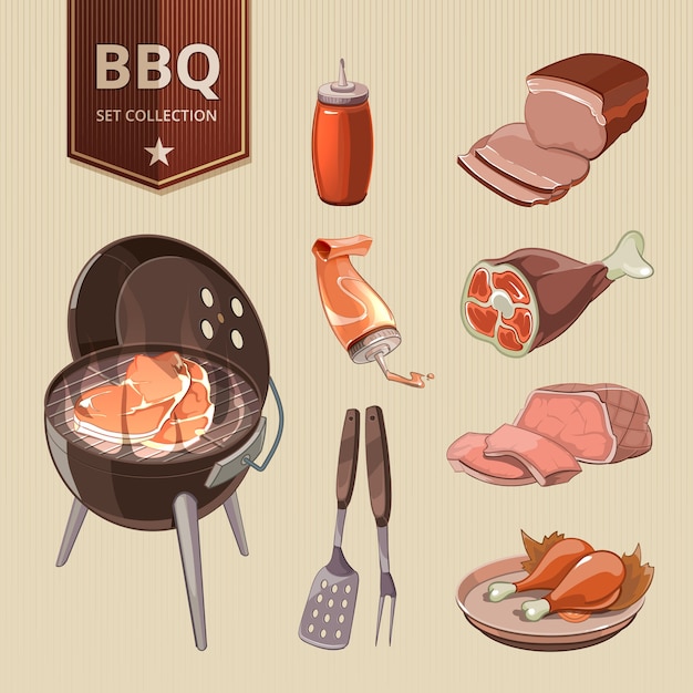 Bbq meat vector elements vintage barbecue. grill food, retro design, hot steak set