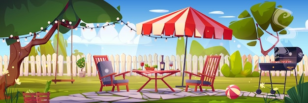 Free vector bbq party on backyard with fence picnic furniture