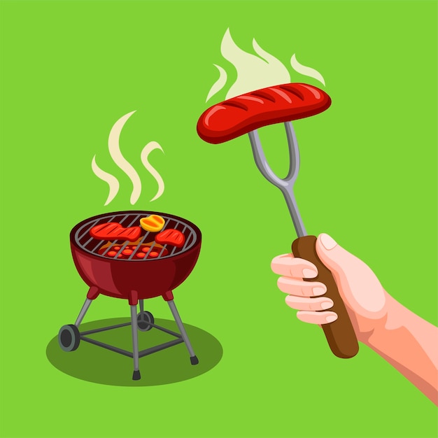 Bbq party steak meat in grill and hand holding fork with sausage symbol concept in cartoon illustration