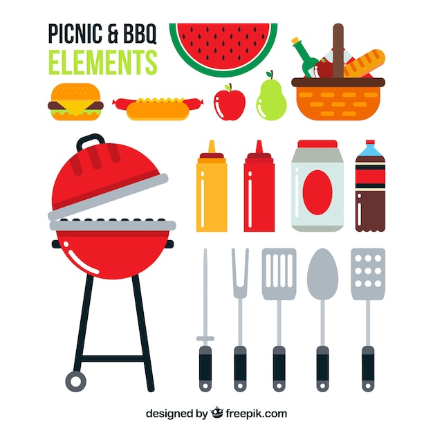 Vettore gratuito elementi barbecue e pic-nic nel design piatto