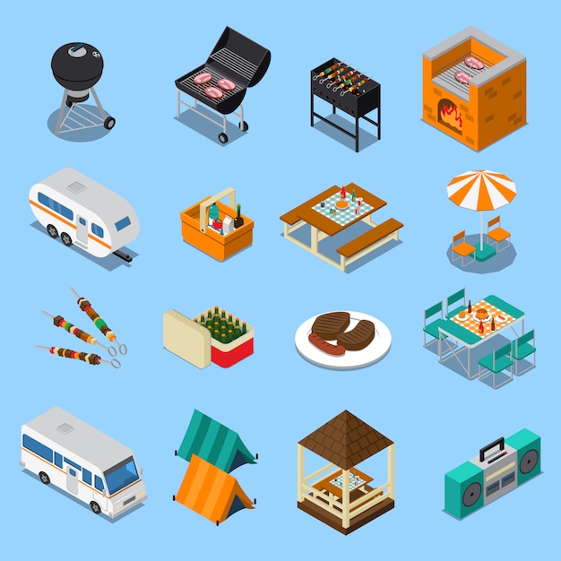 Bbq picnic isometric set