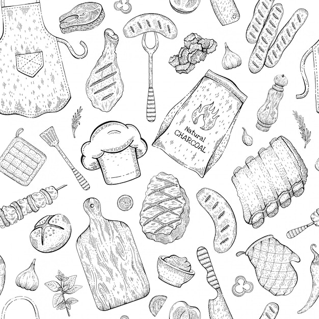手描き調理肉料理スケッチセット 食品イラスト 刻まれたスタイルの肉製品 ステーキ ソーセージ 肉レストランメニュー要素 フードコレクション プレミアムベクター