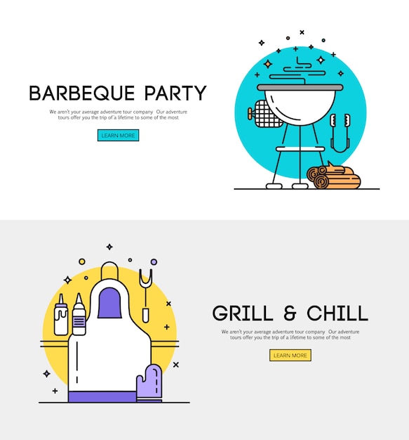 바베큐 액세서리와 함께 BBQ 시즌 오프닝 파티 발표 평면 포스터
