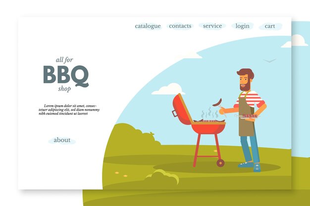 Free vector bbq shop landing page template outdoor leisure camping website with man grilling sausages