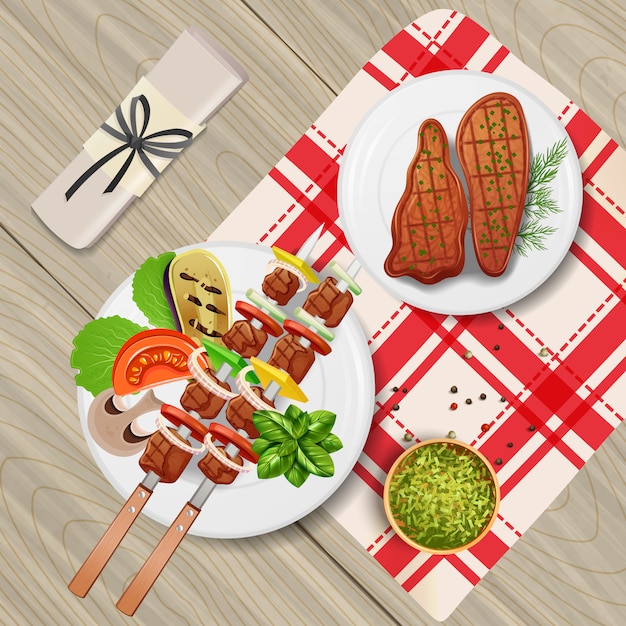 Bbq steaks and kebab with various herbs and vegetables on wooden table realistic illustration