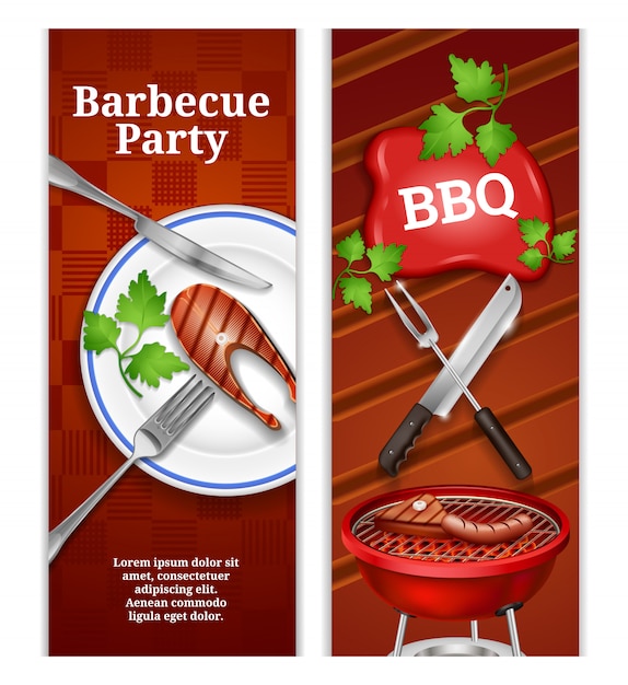 Bbq vertical banners with juicy steak on plate and grilled meat\
products on barbecue