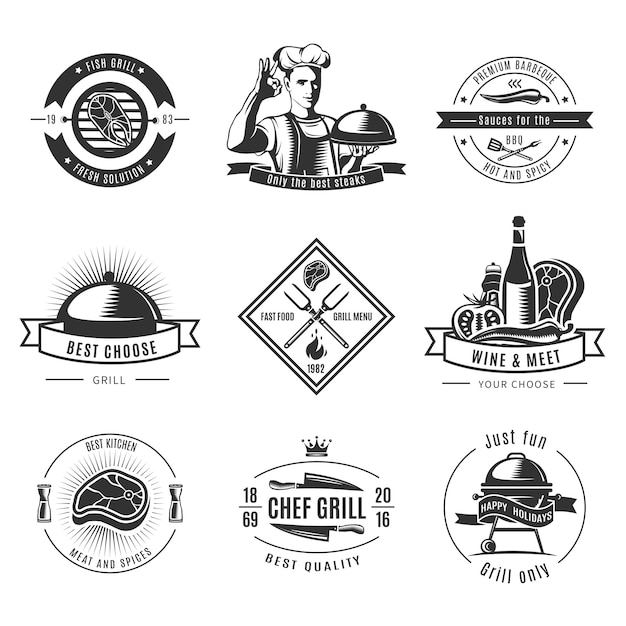 Free vector bbq vintage logo set with fish grill fresh solutions only best steaks and ext descriptions