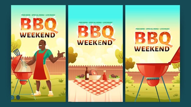 BBQ weekend banners with man cooks meat on grill Vector posters of barbecue party with cartoon illustration of picnic with barbeque and table with food on summer lawn in park or backyard