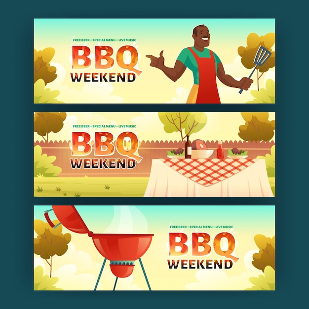 Bbq weekend cartoon banners with african american man in apron\
cooking on grill machine barbecue picnic on summer lawn in park or\
garden invitation for outdoor backyard holiday party vector\
cards