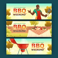 Bbq weekend cartoon banners with african american man in apron cooking on grill machine barbecue picnic on summer lawn in park or garden invitation for outdoor backyard holiday party vector cards
