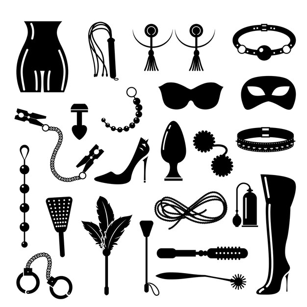 BDSM icons set. BDSM and discipline, domination elements.