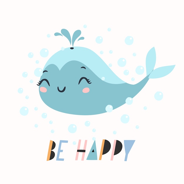 be happy text with cute whale illustration