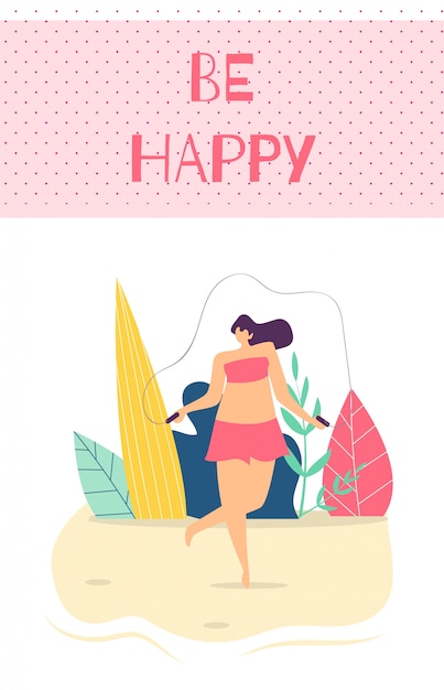 Free vector be happy woman motivation text flat cartoon card