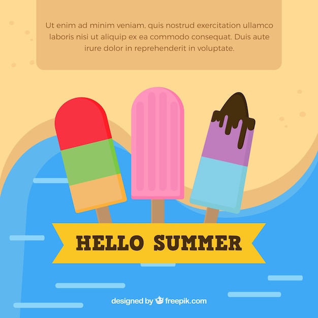 Бесплатное векторное изображение Пляж фон и мороженое в плоский дизайн