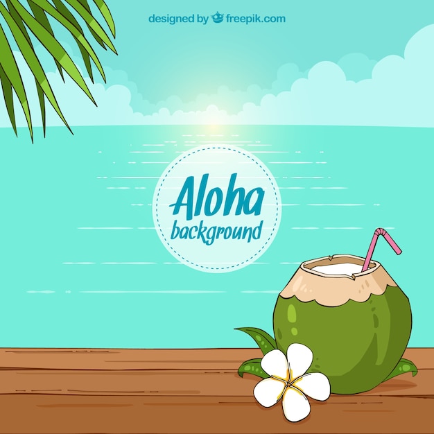Free vector beach background with coconut and hand drawn flower