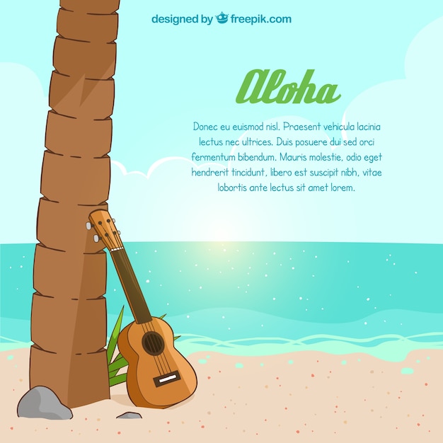 Free vector beach background with guitar and palm tree