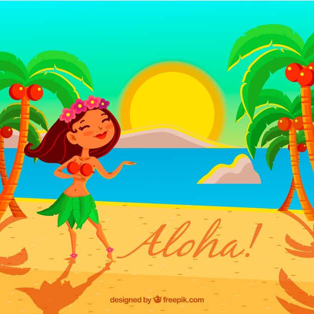 하와이 여자와 해변 배경