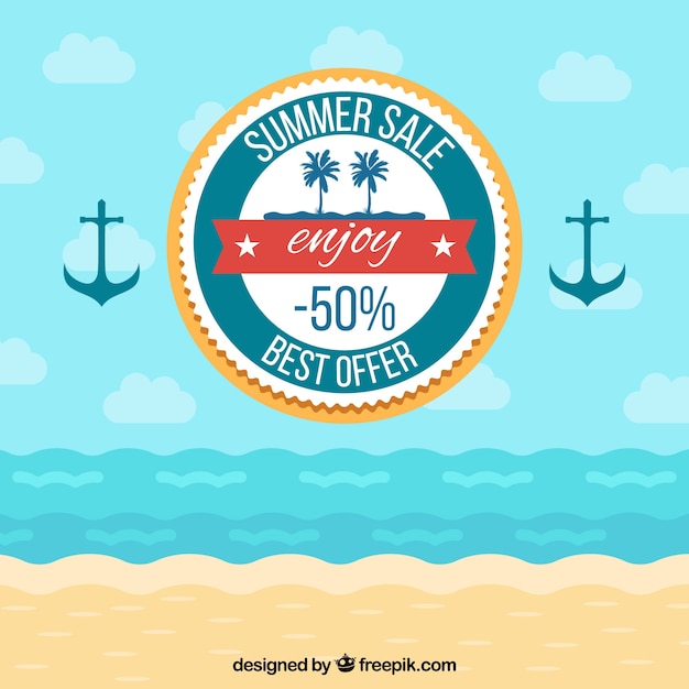 Free vector beach background with summer offer sticker