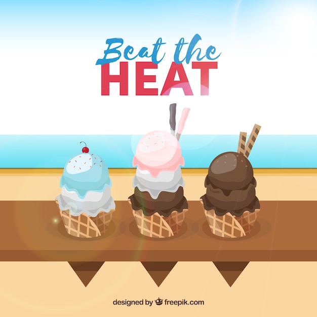 Beach background with three tasty ice creams