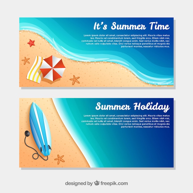 Free vector beach banners with seashore and decorative items