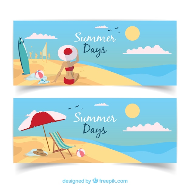 Beach banners with woman and summer elements