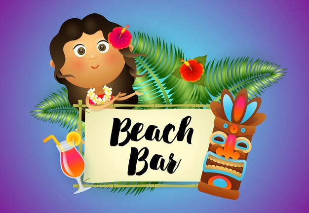 Beach Bar lettering with aborigine woman, cocktail and tiki mask
